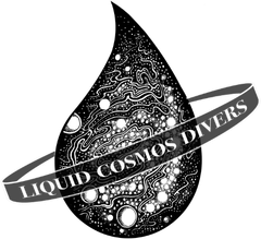 A black and white logo for liquid cosmos divers