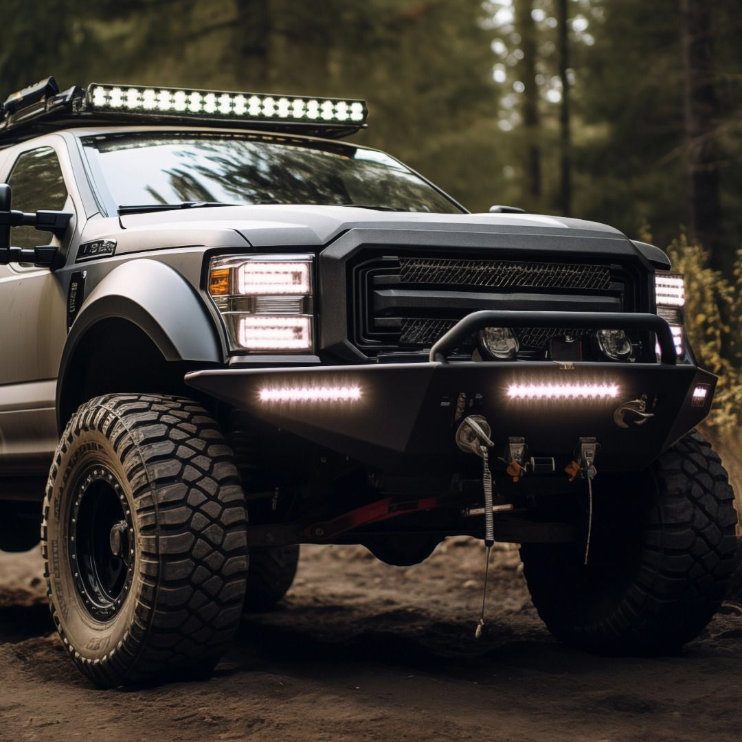 Black off-road truck with oversized tires and LED lights parked on a forest trail.