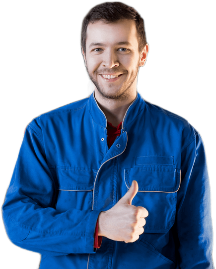 Smiling person in a blue work shirt giving a thumbs-up gesture on a white background