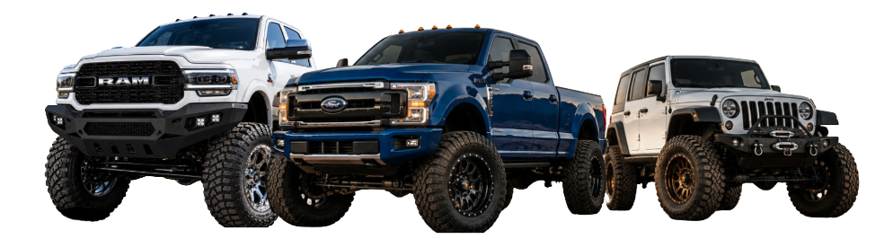 Three lifted off-road trucks in white, blue, and gray on a white background