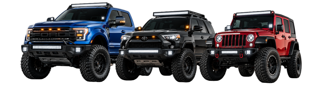 Three lifted off-road trucks in blue, black, and red on a white background