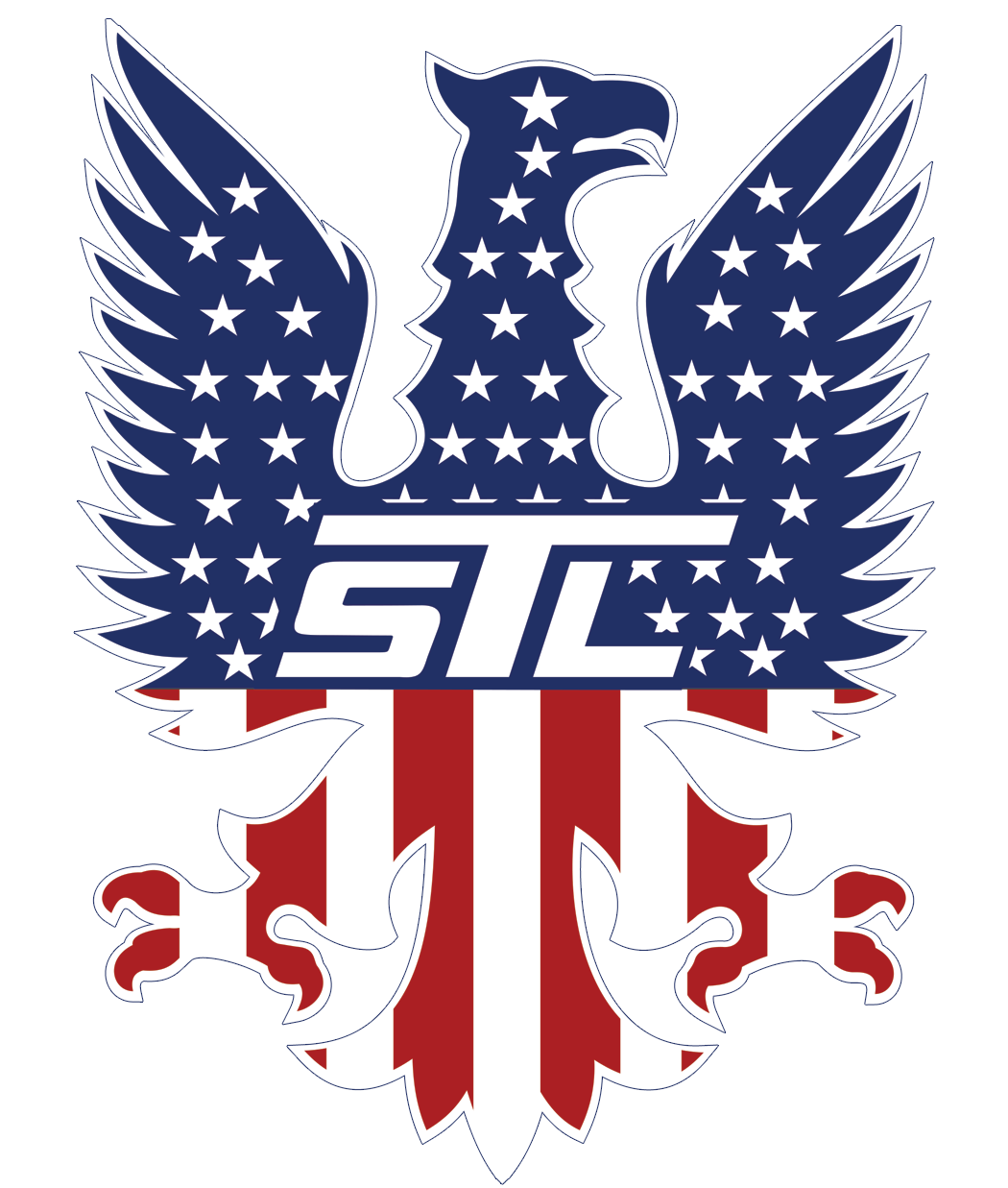 Blue and red winged eagle crest with stars and STC letters in the center