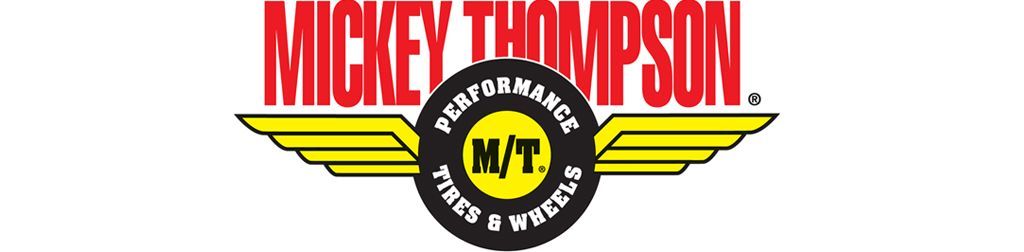 MICKEY THOMPSON logo with red text, yellow wings, and black circular emblem on a white background