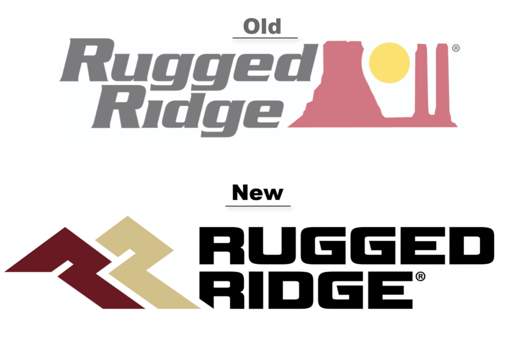 Old and new Rugged Ridge logos in gray, maroon, gold, and black on a white background