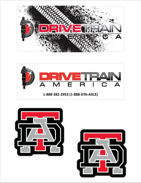 DriveTrain America logos in red, black, and gray, plus interlocking TA monograms on white background