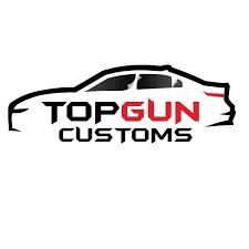 Top Gun Customs logo with black and red car silhouette on white background