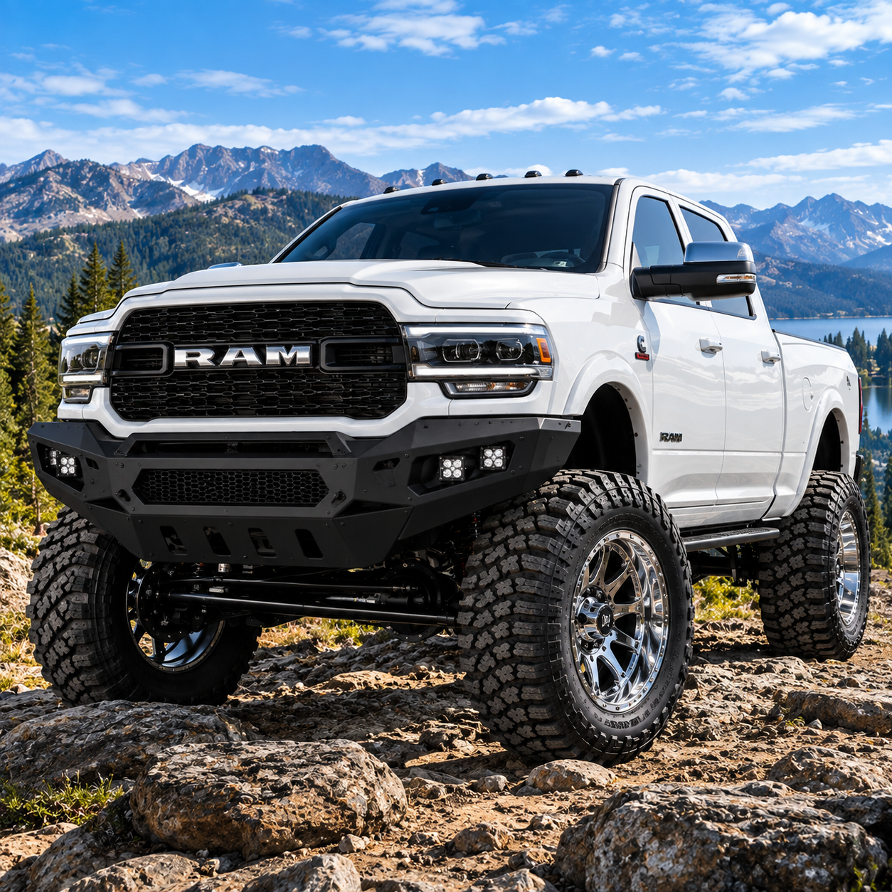 White RAM pickup truck on rocky terrain with mountains and blue sky in the background