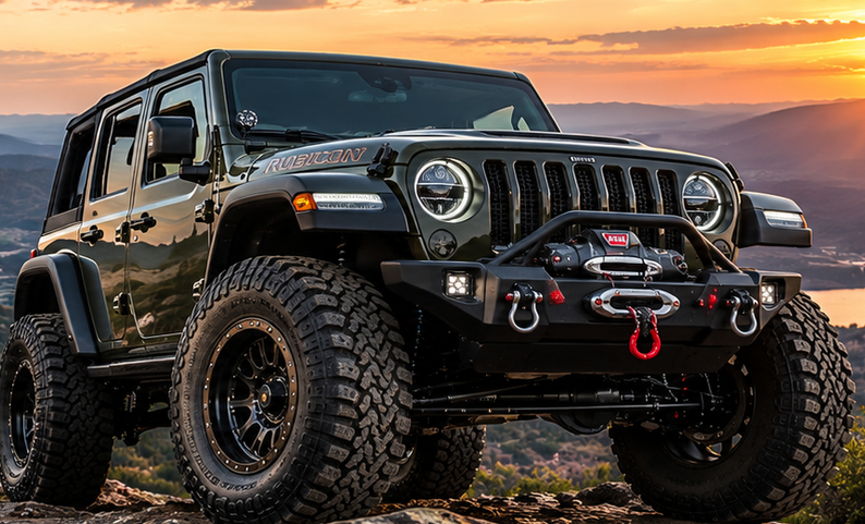 Black Jeep Wrangler with off-road gear parked on rocky terrain at sunset