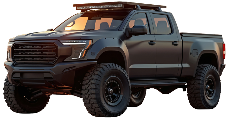 Black lifted off-road pickup truck with oversized tires on a white background