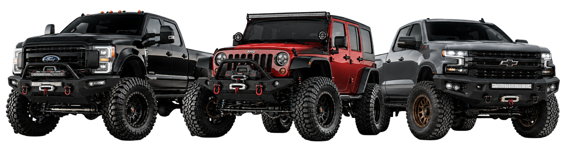 Three lifted off-road trucks, black and red, displayed side by side on a white background