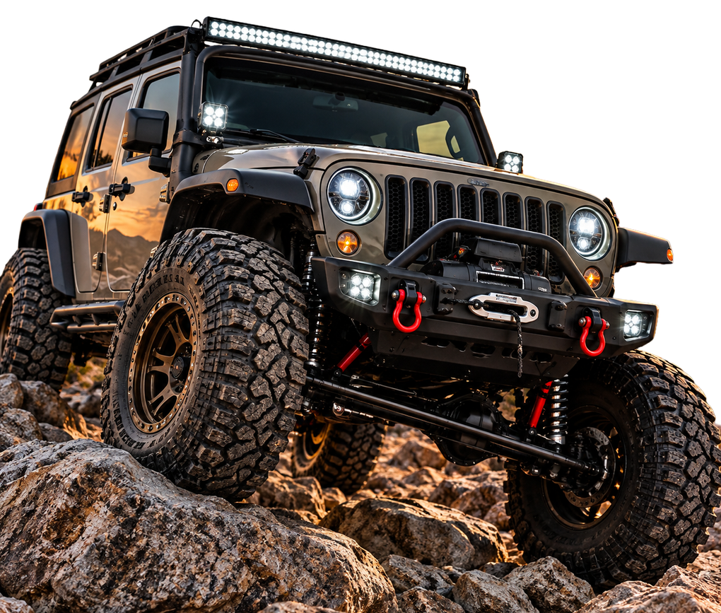Red off-road Jeep Wrangler with black trim, large tires, and spare tire on the back, side view