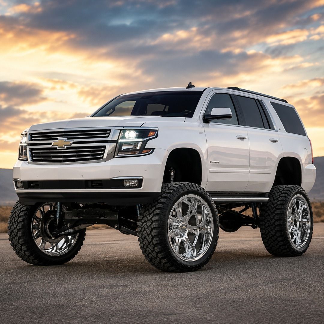 White lifted Chevrolet SUV with oversized chrome wheels on a road at sunset