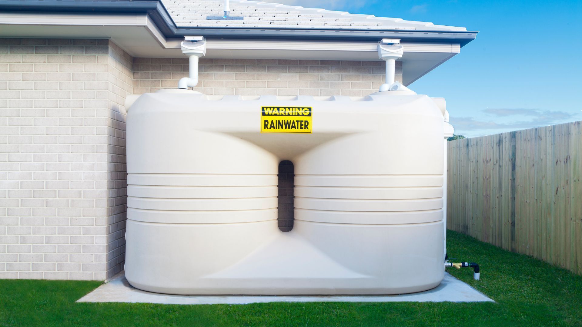 Beige Rectangular Water Tank Next to a House With Gutters — BB & F Constructions Pty Ltd In Nabiac, NSW