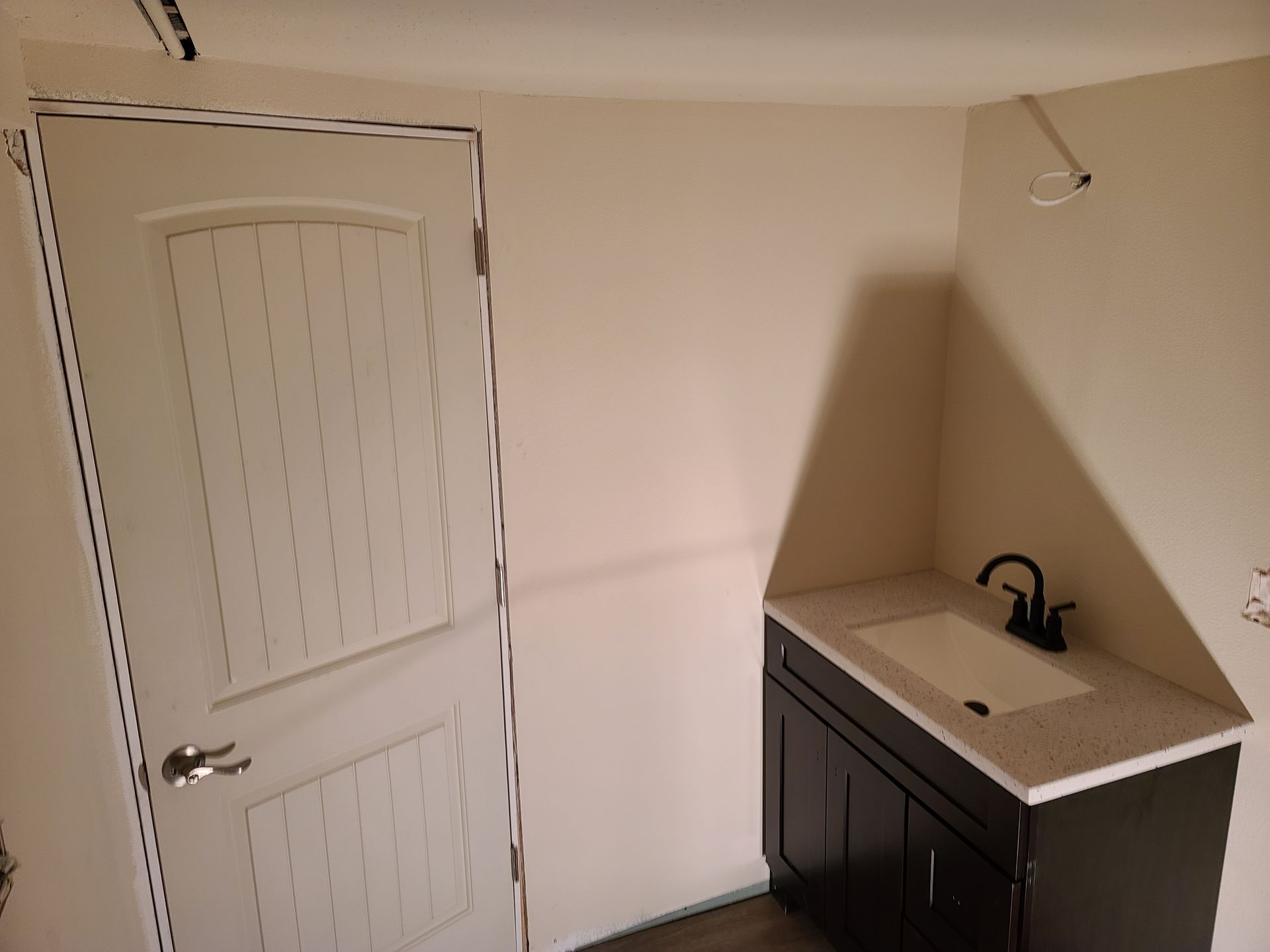 Bathroom interior with a closed door, dark vanity, and white sink.