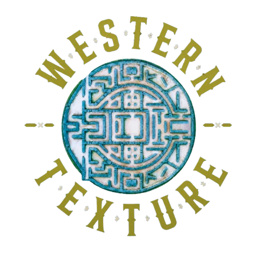 Abstract circular maze-like emblem in blue, green, and white with a central square pattern