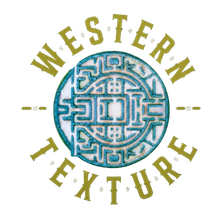 Abstract circular maze-like emblem in blue, green, and white with a central square pattern