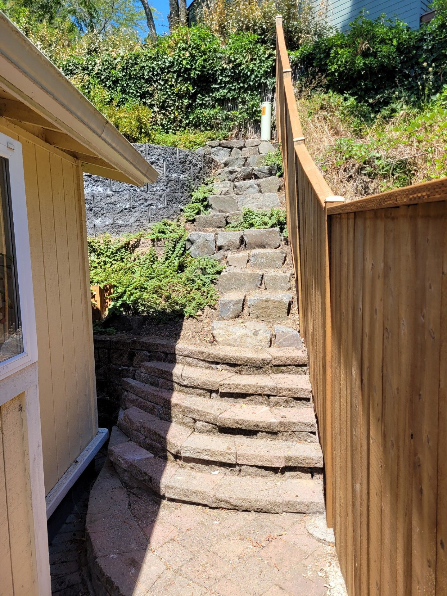 Steep stone steps between a house and wooden fence, leading up a sunny hillside path