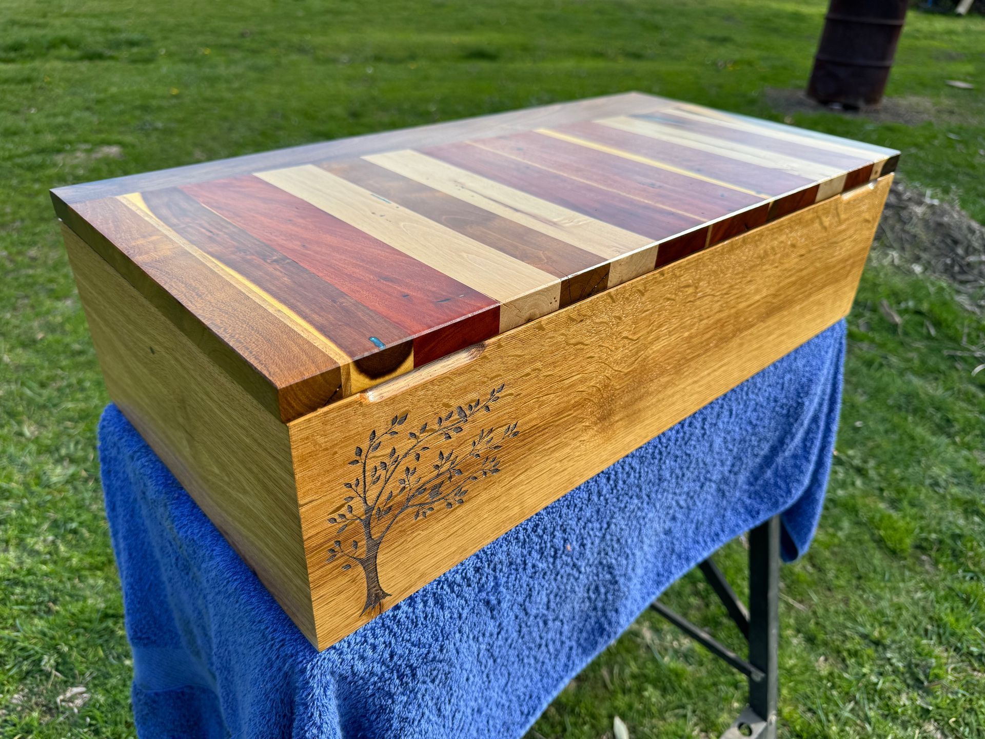 Wooden box with a striped lid, etched tree design, set on a blue cloth outdoors.