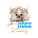 A logo featuring a steer skull biting a welding torch inside a gear-shaped border, with the text "RHOADES Welding" below.