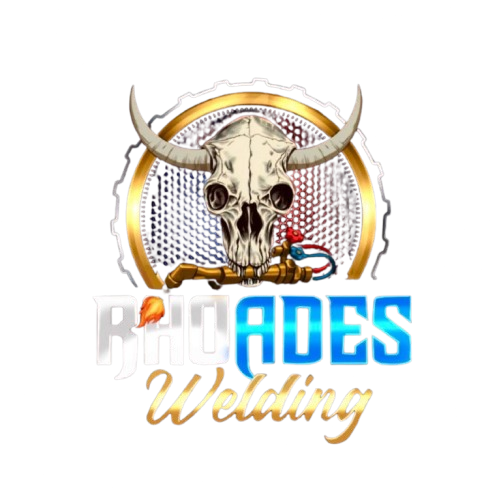A logo featuring a steer skull biting a welding torch inside a gear-shaped border, with the text "RHOADES Welding" below.