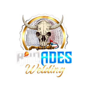 A logo featuring a steer skull biting a welding torch inside a gear-shaped border, with the text "RHOADES Welding" below.
