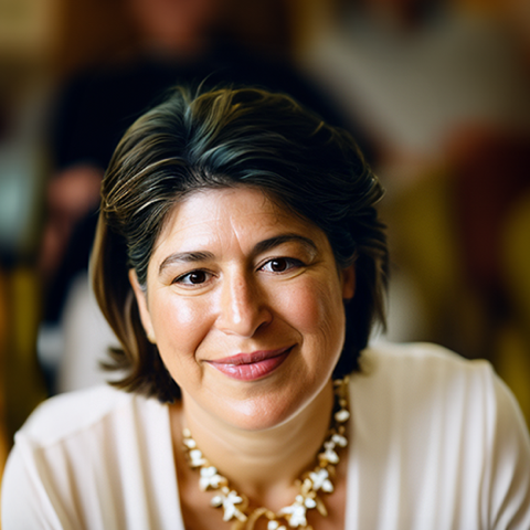 A woman wearing a necklace and a white shirt is smiling for the camera.