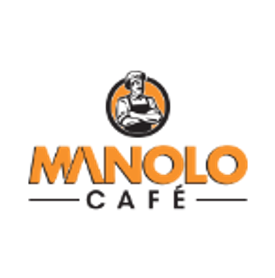 Logotipo do Manolo Café: Texto laranja com um chef em uma moldura circular acima de