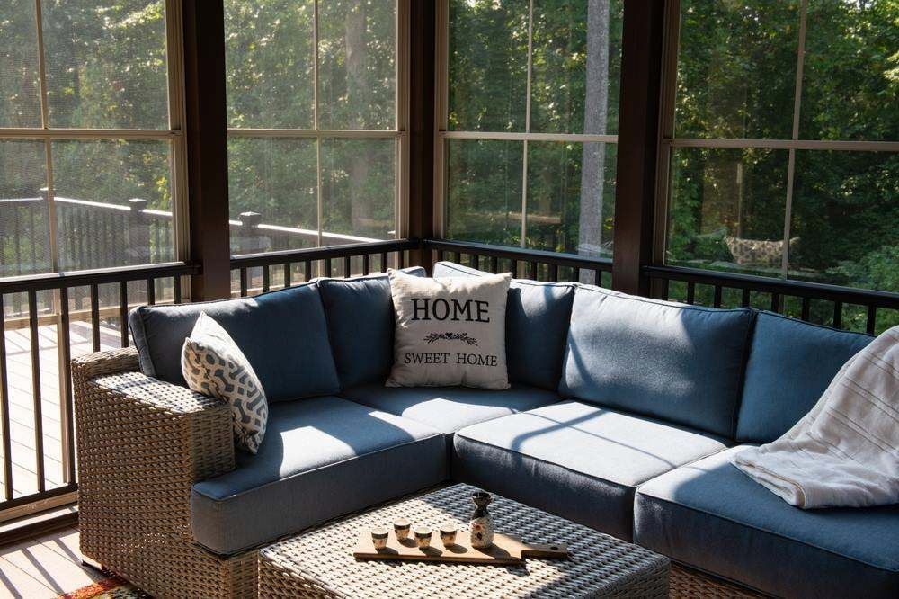 Blue L-shaped Patio Sofa on a Screened Porch — All Aussie Sunrooms in Port Stephens, NSW