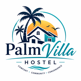 Palm Villa Hostel logo with palm trees, house, sun, and turquoise text