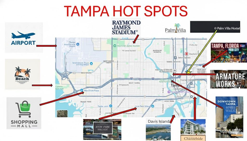 Map titled “Tampa Hot Spots” showing locations around Raymond James Stadium with callout labels and arrows.