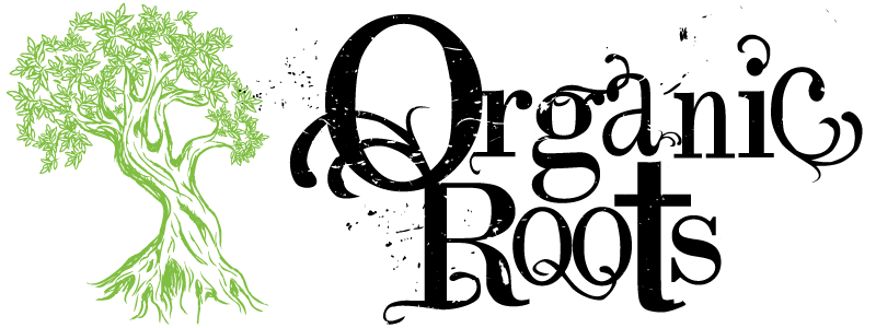 A logo for organic roots with a tree and roots.