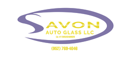 Logo for Avon Auto Glass LLC with a purple oval, yellow text, and phone number.