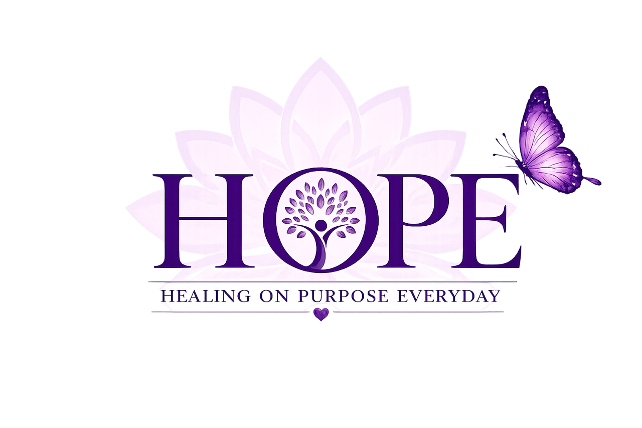 Logo for HOPE: purple text over colorful paint strokes, with "Healing On Purpose Everyday" below.