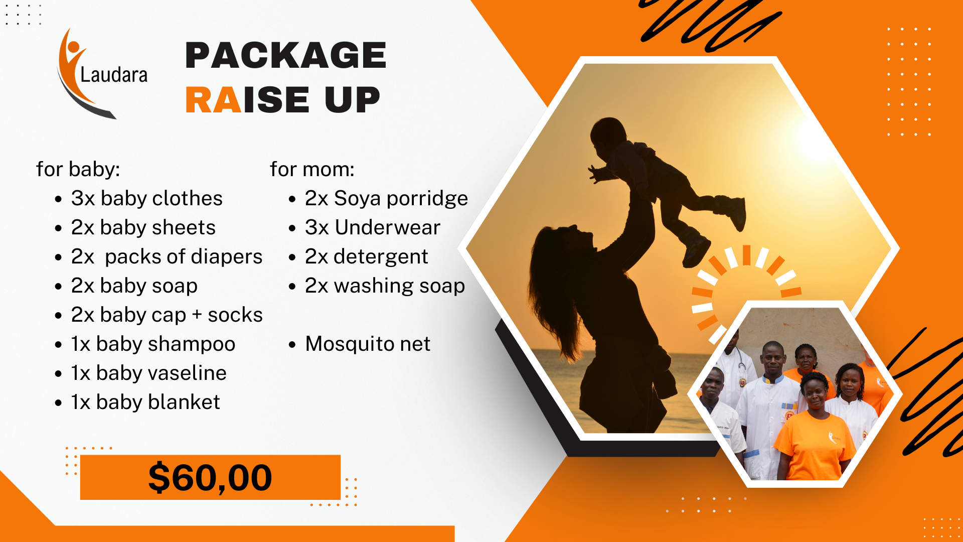 Orange graphic with a silhouette of a person lifting a baby. Text details 