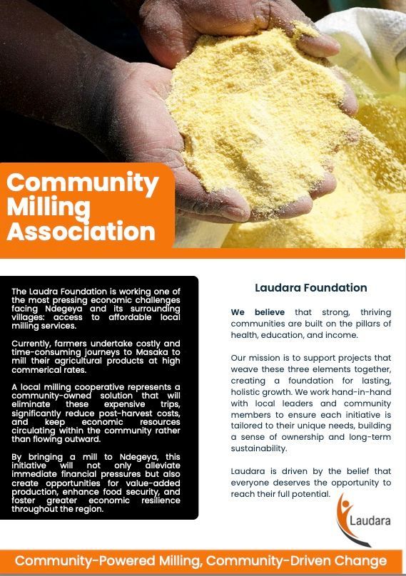 Hands holding yellow grain, Community Milling Association flyer.