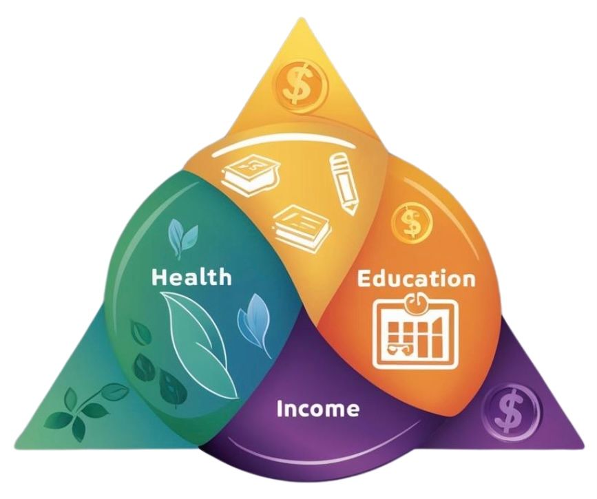 Diagram showing health, education, and income as interconnected sectors; each labeled within a coloured shape.