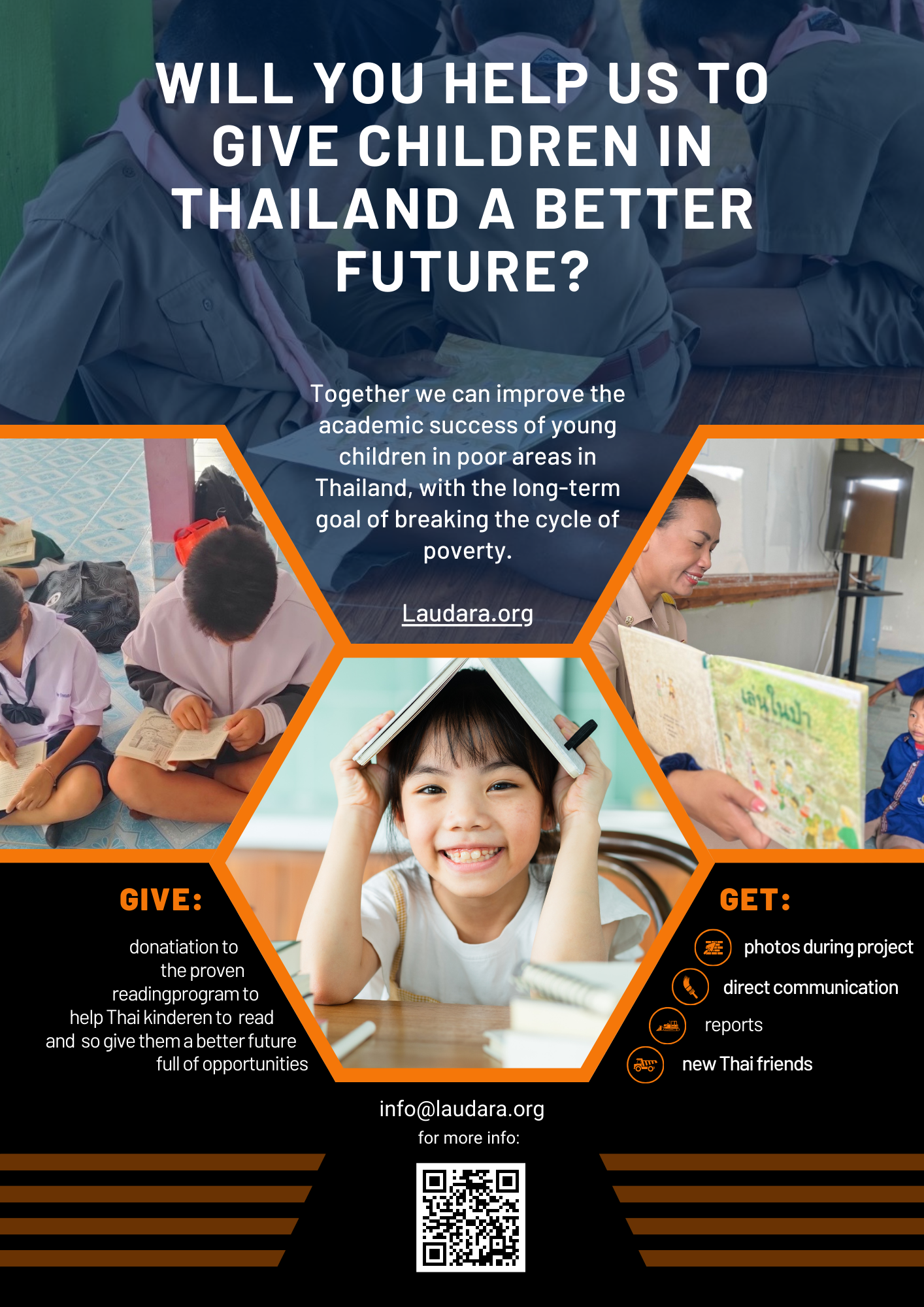 Poster: Help children in Thailand. A girl smiles under a book. Gives education, and a better future.