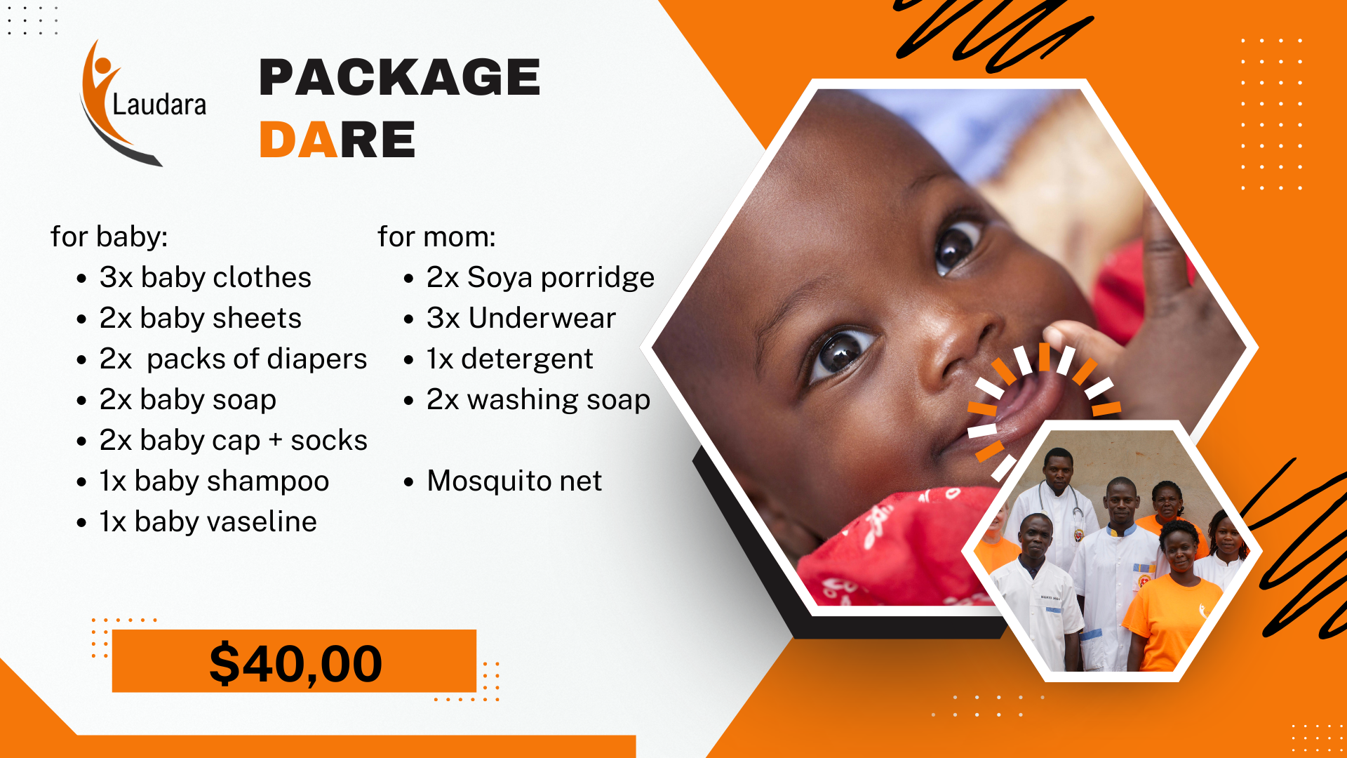 Charity package includes baby items, featuring a baby's face, a team photo, and a $40 price tag.