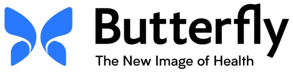 Logo: blue butterfly icon, black text