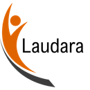 Orange figure with raised arms inside a gray and orange arc, the word