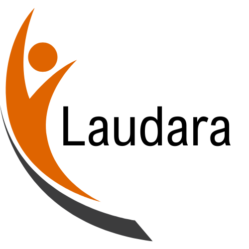 Orange figure with raised arms inside a gray and orange arc, the word
