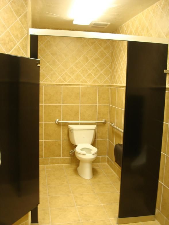 Interior of a public restroom stall with a white toilet, grab bars, and brown tiles. Black divider walls.