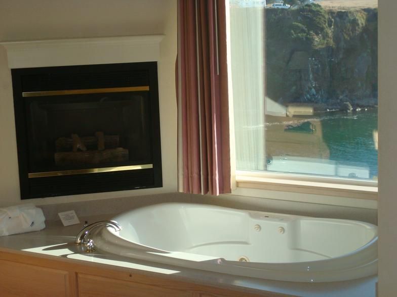 A jacuzzi tub sits next to a window with a view and fireplace in a hotel room.
