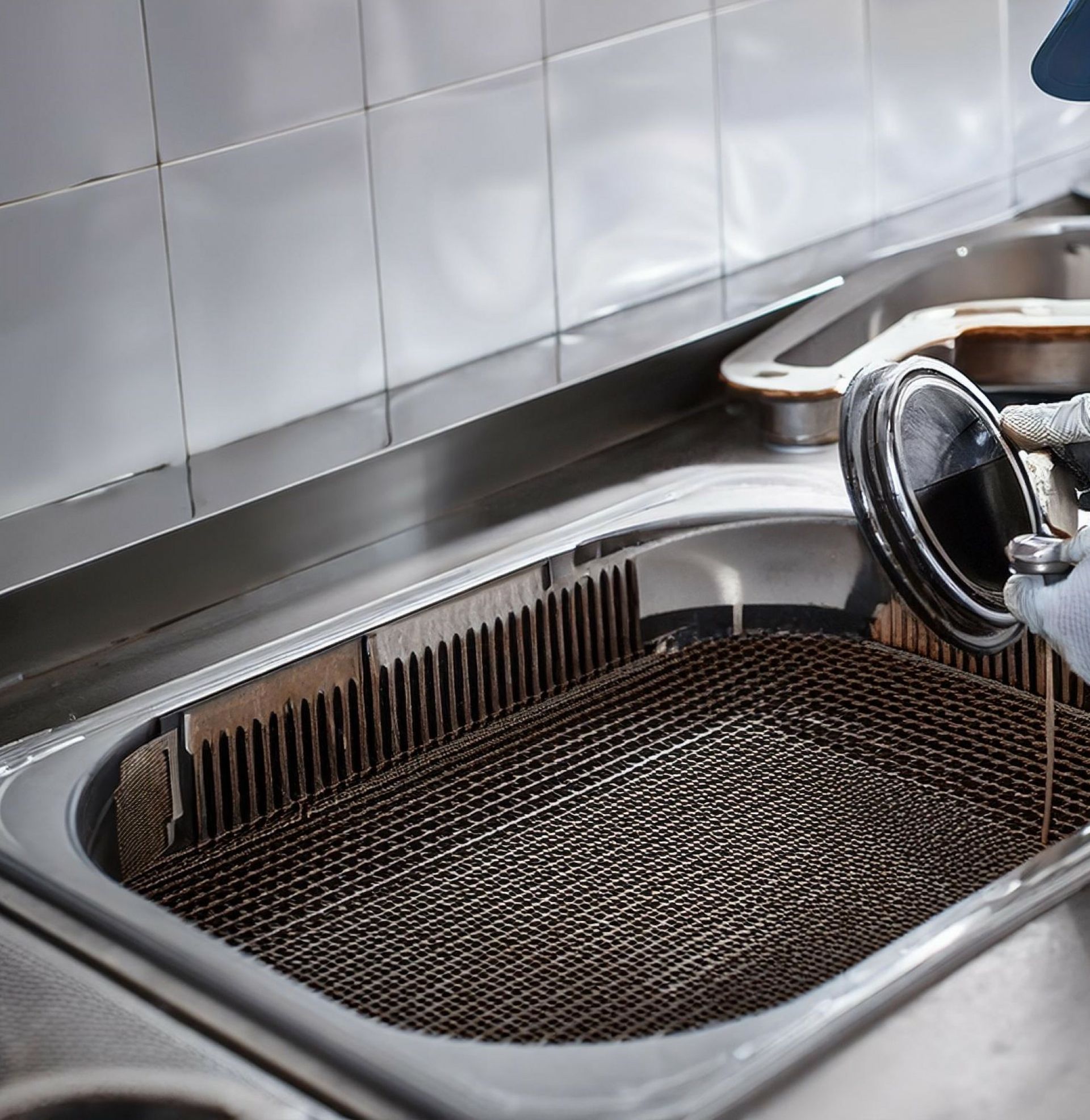 Stainless steel fryer with basket, lid being opened, likely for cleaning in a commercial kitchen.