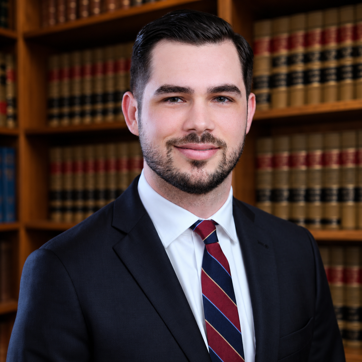 Portrait of a man in a suit and striped tie in a law library with bookshelves