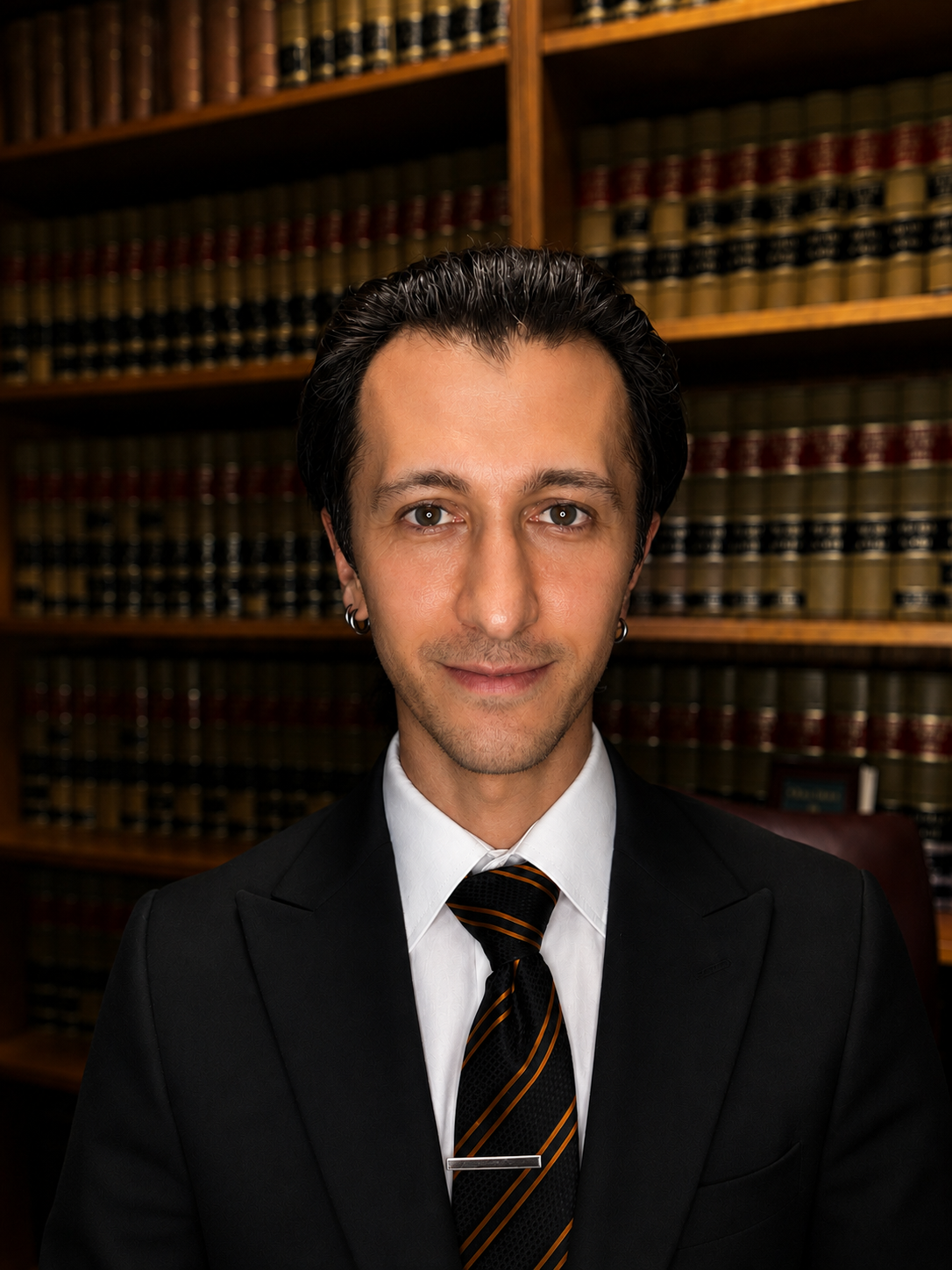 Robert Rabito in a suit and striped tie standing before shelves of law books