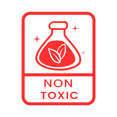 Étiquette rouge « Non toxique » avec une fiole contenant des feuilles.