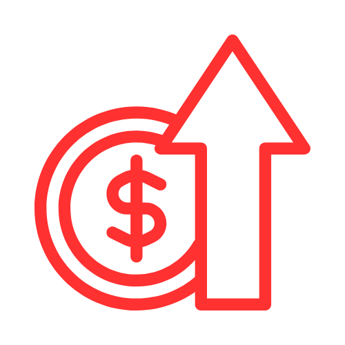 Pièce rouge avec le signe dollar et une flèche pointant vers le haut.