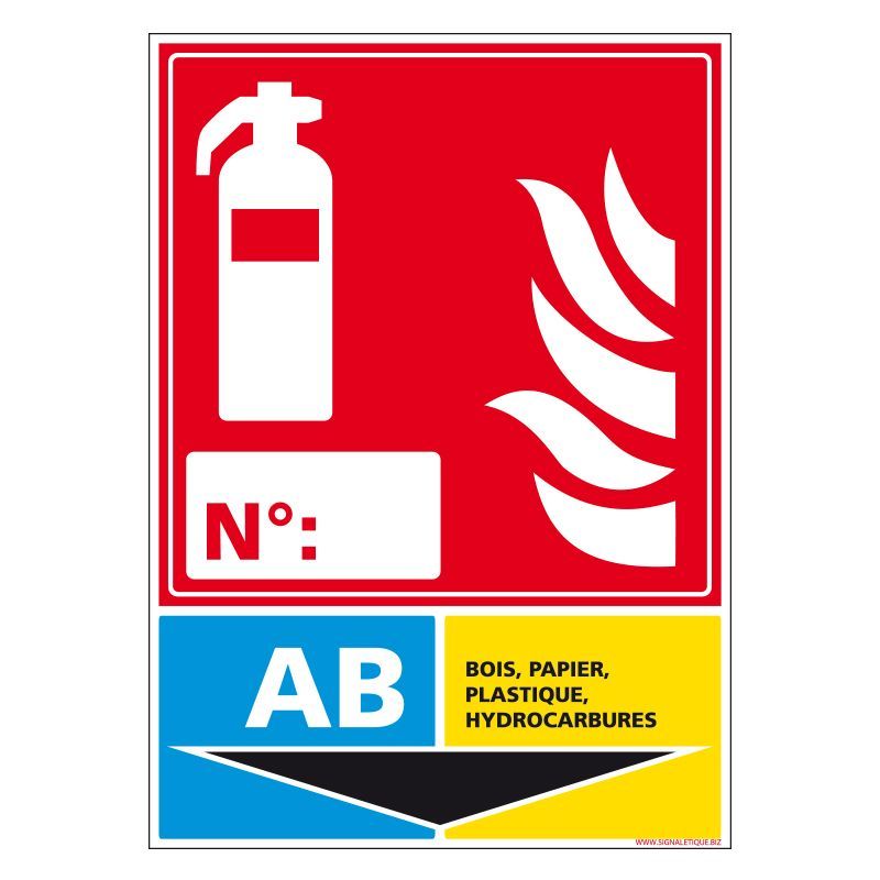 Panneau d'extincteur, rouge. Contient le symbole de l'extincteur, les flammes et les classifications de feu.