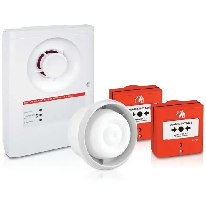Composants du système d'alarme incendie : panneau de commande, sirène et stations d'alarme manuelles.
